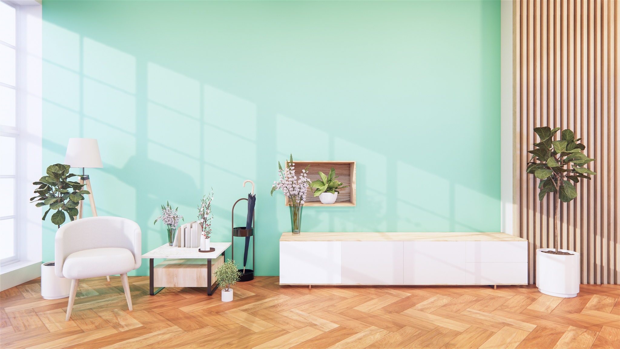 Wooden Cabinet, Side Table and Arm Chair on Mint Wall
